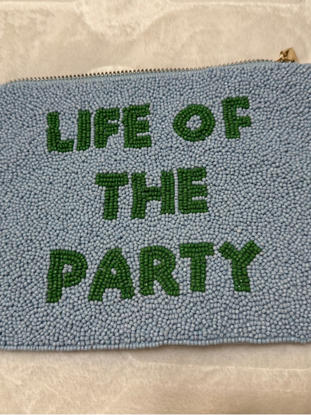 kate spade Light Blue Beaded Zip Pouch with Green Lettering